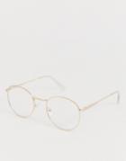 Asos Design Round Fashion Glasses In Gold Metal With Clear Lenses