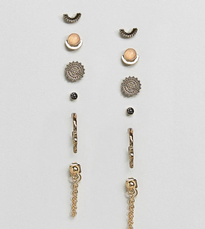 Asos Pack Of 6 Pretty Stone Stud And Cut Out Hoop Earrings - Gold