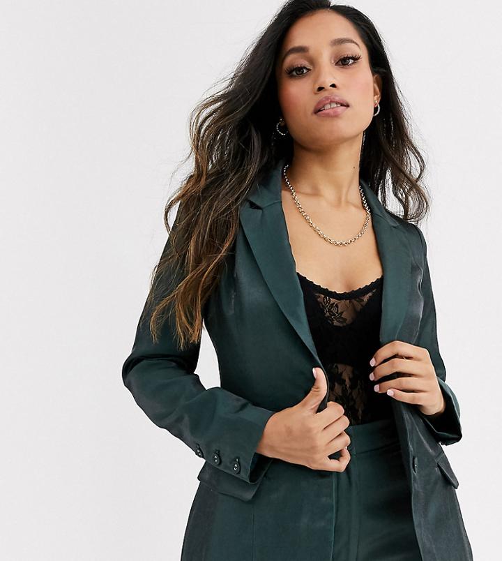 Fashion Union Petite Tailored Blazer Coord With Pocket Detail In Green Satin