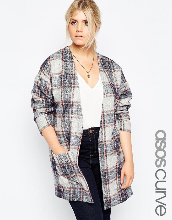 Asos Curve Brushed Check Long Line Jacket - Multi