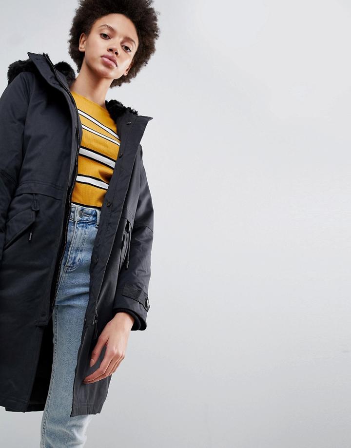 Parka London Lucinda Parka Coat With Faur Fur Trim Hood - Black
