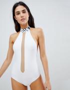 Revel Rey Plunge Swimsuit With Mesh And Collar Detail - White