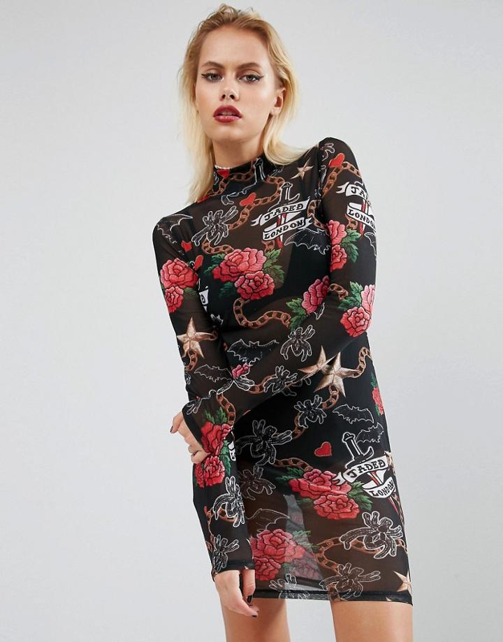 Jaded London Halloween Mesh Dress In Tattoo Print - Black