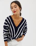 Only Vertical Stripe Wide V Neck Sweater-navy