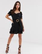 Asos Design Wrap Front Mini Dress With Belt - Black
