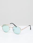 Asos Design Metal Round Sunglasses In Gold With Green Lens - Gold