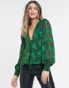 Never Fully Dressed Wrap Volume Sleeve Top Set In Green Leopard Print