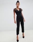 Asos Design Jumpsuit With Lace Detail & Tapered Leg - Black