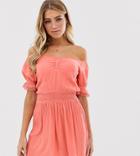 Miss Selfridge Bardot Dress With Ruched Front In Pink - Pink