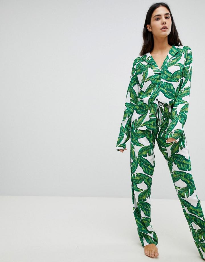 Asos Design Banana Leaf 100% Modal Traditional Shirt & Pants Pyjama Set - Multi