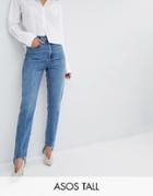 Asos Tall Authentic Rigid Mom Jeans In Mid Wash With Stirrup Hem - Blue
