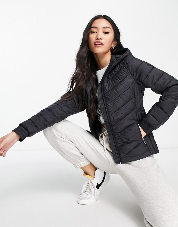Hollister Light Weight Padded Coat With Faux Fur Hood In Black