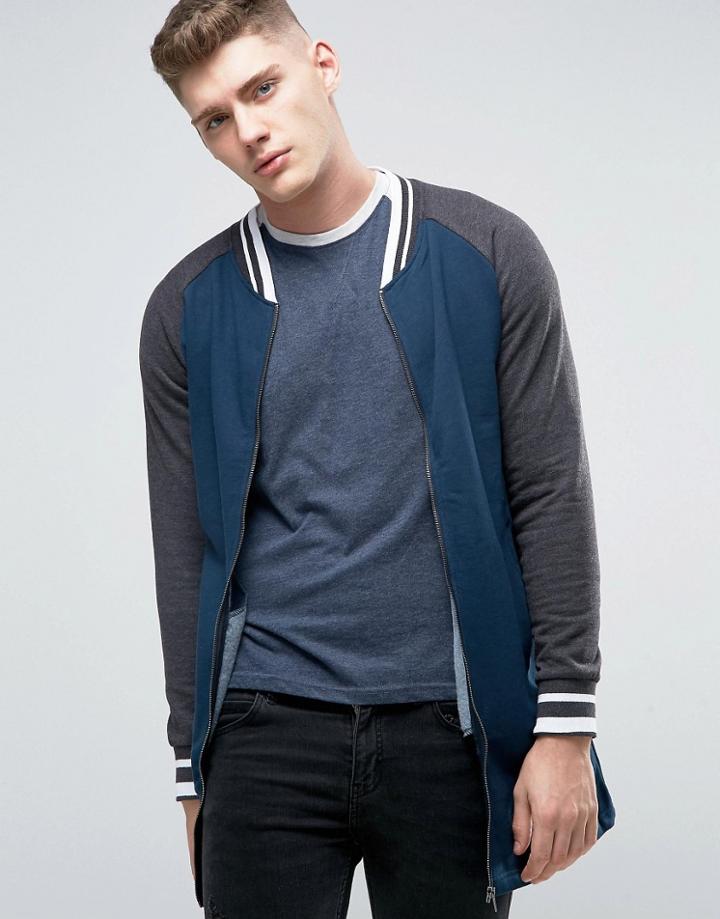 Brave Soul Long Line Baseball Zip Through Sweat Jacket - Navy