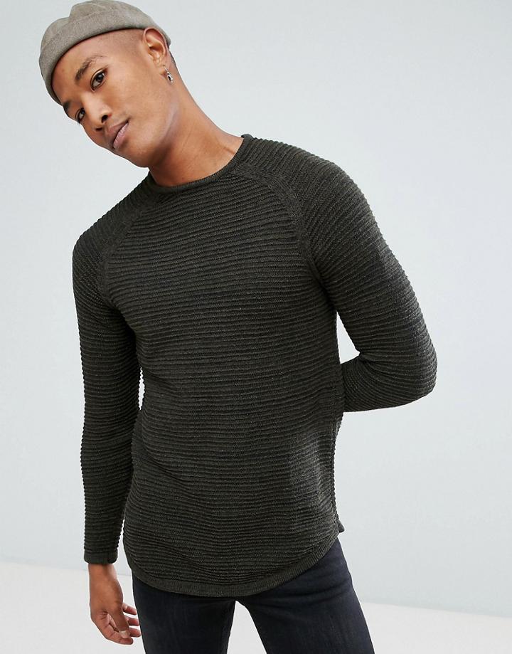 Bershka Textured Knit Sweater In Khaki - Green