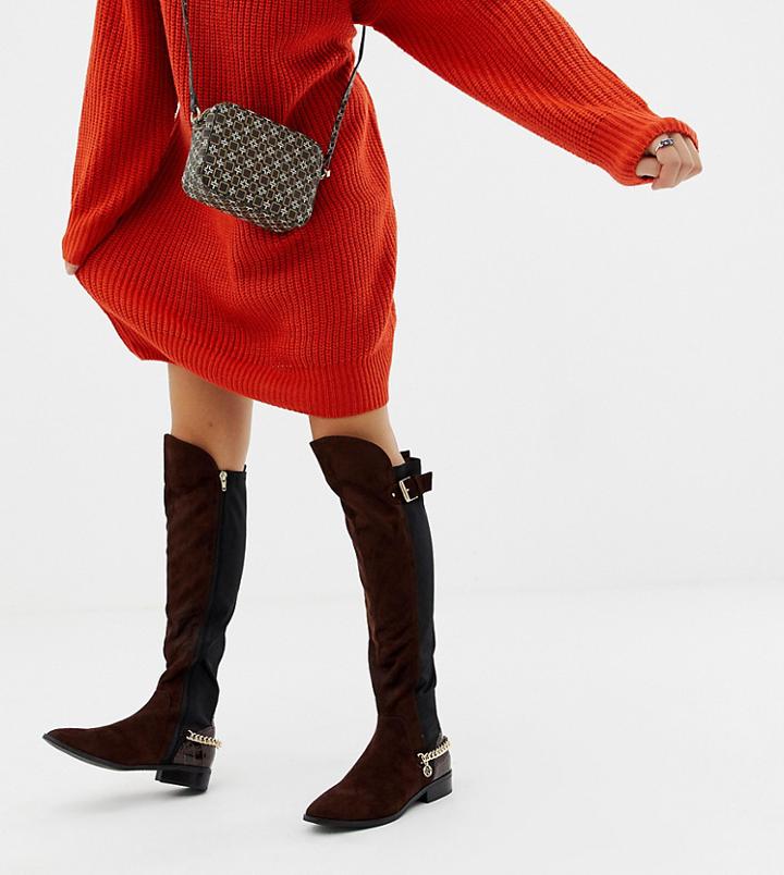 River Island Over The Knee Flat Boots With Chain Detail In Chocolate Brown - Brown