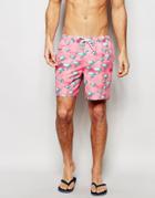 Asos Mid Length Swim Shorts With Turtle Print - Pink