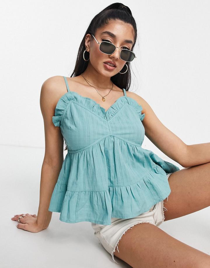Asos Design Textured Smock Sun Top With Ruffle Detail In Sage-green