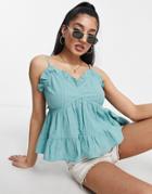 Asos Design Textured Smock Sun Top With Ruffle Detail In Sage-green