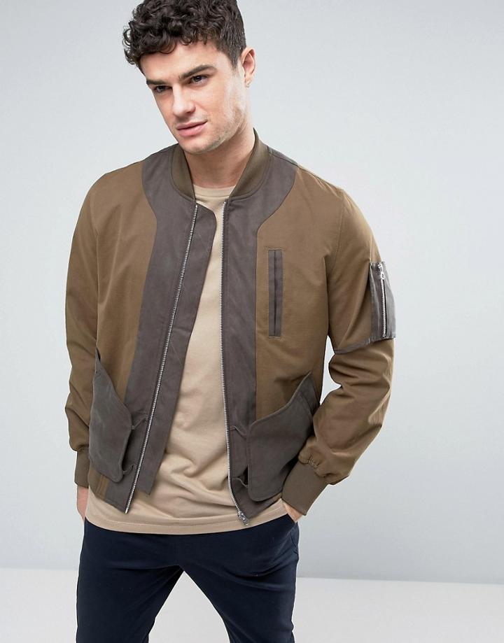 Asos Bomber Jacket With Exposed Pockets In Khaki - Green