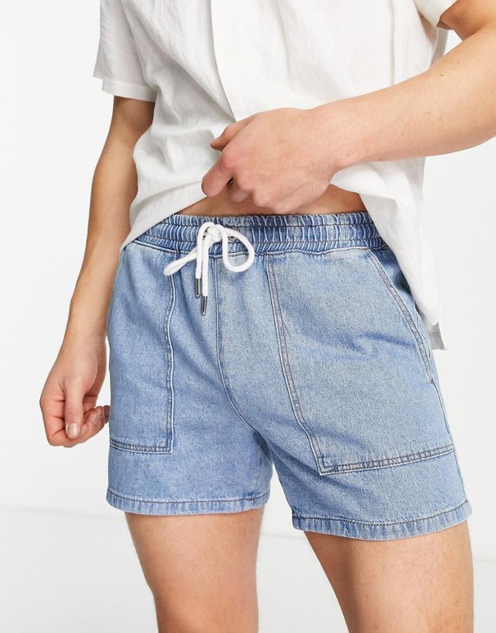 Asos Design Denim Shorts In Light Wash Blue With Elasticized Waist