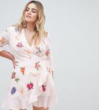 Asos Design Curve Embroidered Wrap Mini Dress - Multi