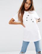 Asos T-shirt In Longline Fit With Broken Embroidery - Blue