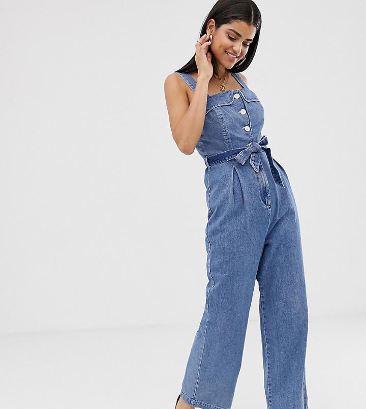 Asos Design Tall Denim Square Neck Button Jumpsuit - Blue