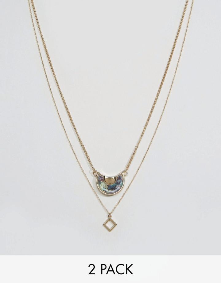 Designb Square & Stone Pendant Necklaces In 2 Pack - Gold