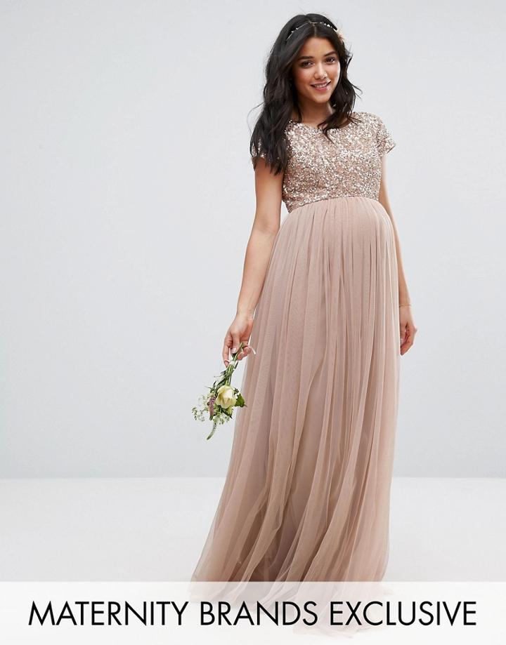 Maya Maternity Maxi Dress With Delicate Sequin And Tulle Skirt - Gray