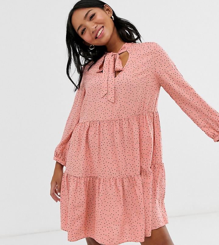 New Look Petite Pussy Bow Smock Dress In Pink Polka Dot - Pink