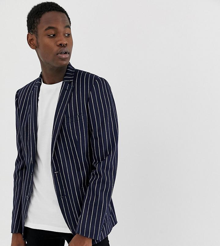 Asos Design Tall Skinny Blazer In Navy Jersey Stripe - Navy