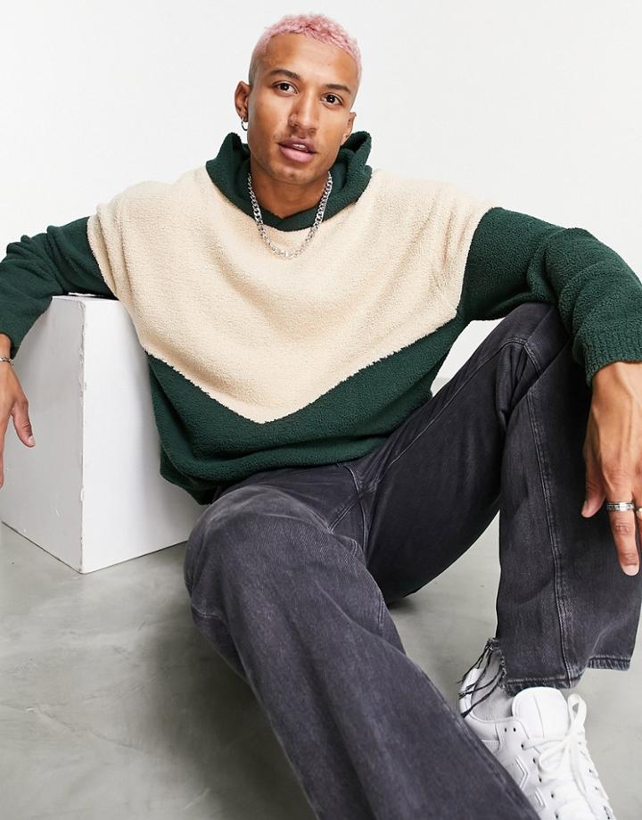 Asos Design Oversized Plush Yarn Hoodie In Beige And Dark Green-multi
