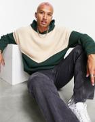 Asos Design Oversized Plush Yarn Hoodie In Beige And Dark Green-multi