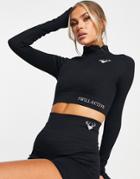 Twill Active Recycled Seamless Long Sleeve High Neck Zip Crop Top In Black-pink