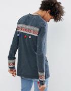 Asos Design Longline Long Sleeve T-shirt With Back And Cuff Geo-tribal Taping - Gray