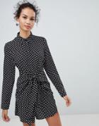 Qed London Sash Detail Shirt Dress In Polka Dot - Black