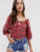 Asos Design Puff Sleeve Top With Tie Detail In Floral Print - Multi