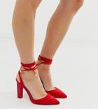 Asos Design Wide Fit Pucker Up Tie Leg Pointed High Heels-red