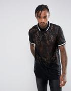 Asos Longline Polo Shirt In Black Lace - Black