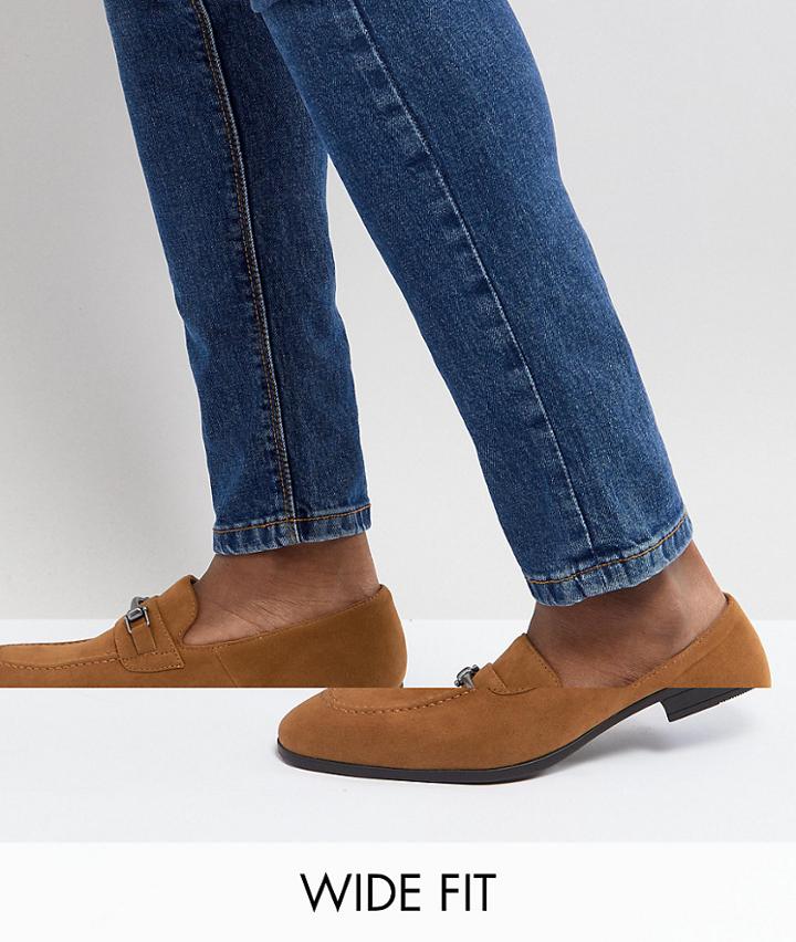 Asos Wide Fit Loafers In Tan Faux Suede With Snaffle Detail - Tan