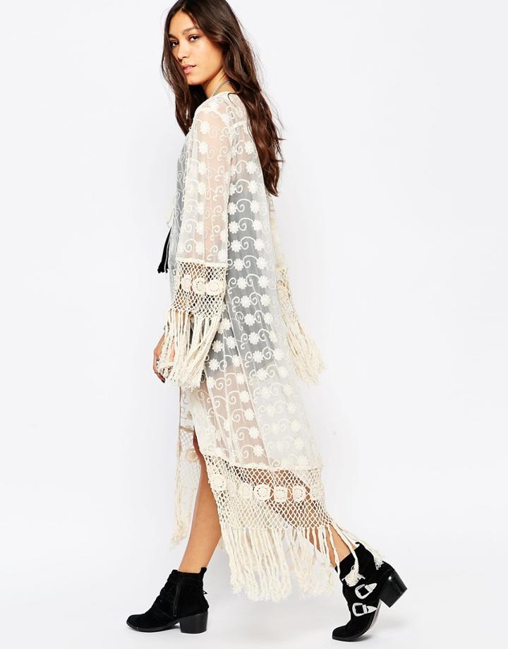 Band Of Gypsies Lace Kimono With Tassels In Longline - Ivory