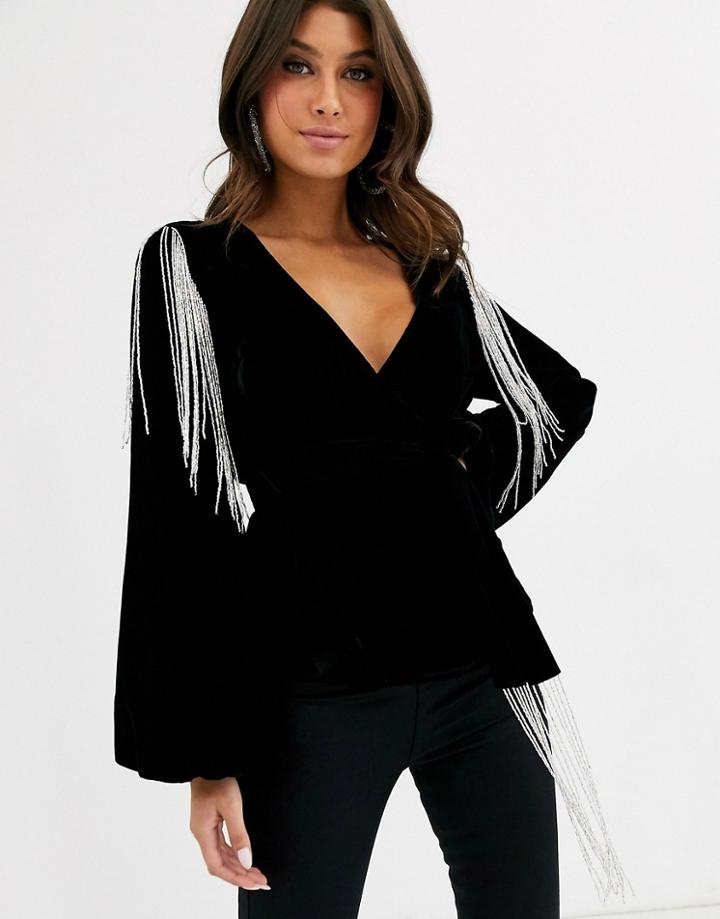 Asos Design Velvet Wrap Top With Fringe Embellishment