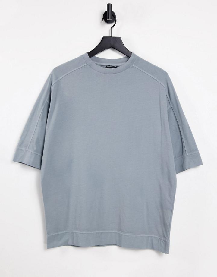 Asos Design Oversized T-shirt With Chunky Hem And Seam Detail In Washed Blue-blues