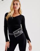 Asos Design Wide V Neck Sweater In Skinny Rib - Black