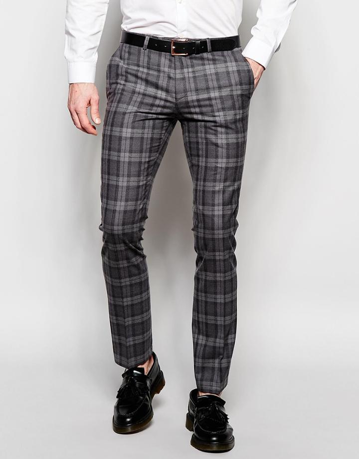 Noose & Monkey Plaid Pants In Super Skinny Fit - Gray