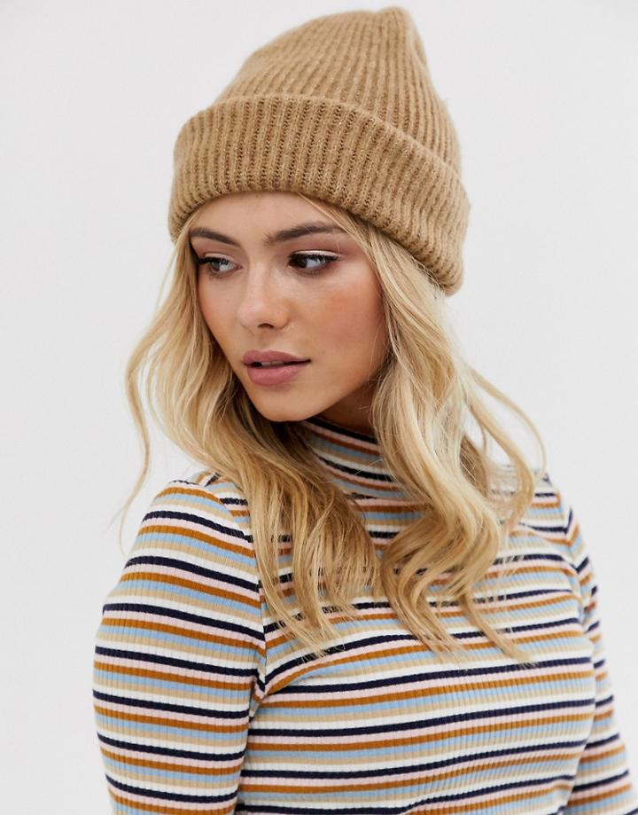 Pieces Ribbed Beanie In Beige - Beige