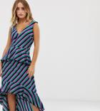 Missguided Dip Hem Maxi Dress With Frill Detail In Purple Stripe - Multi