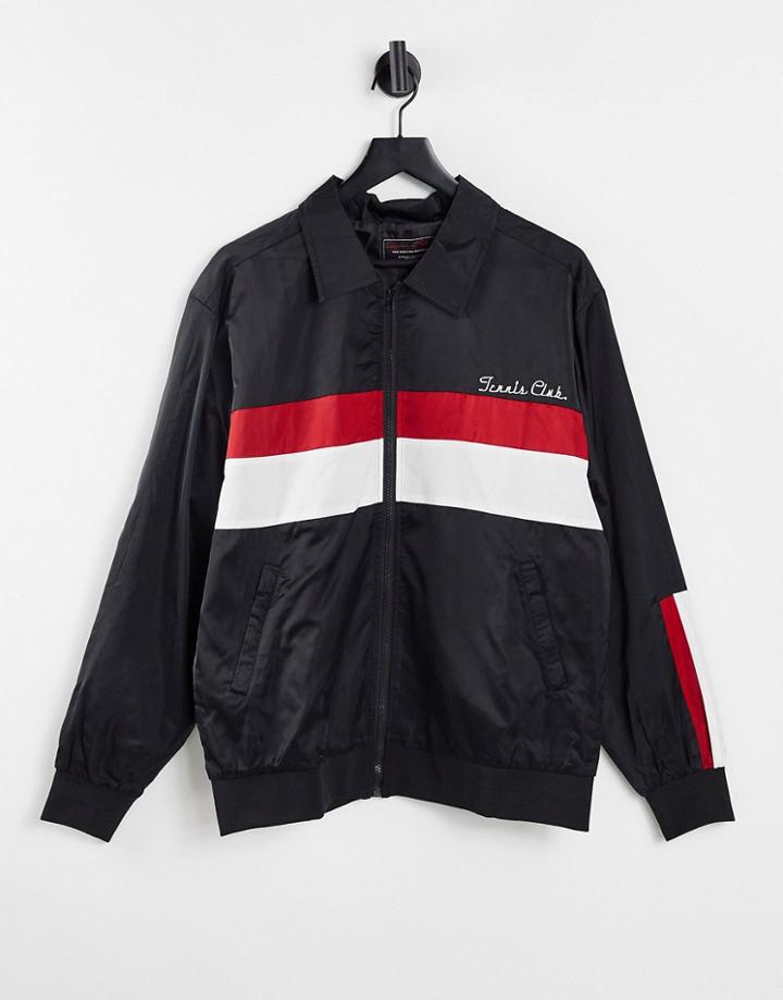 Liquor N Poker Tennis Club Satin Bomber Jacket With Back Embroidered Emblem In Black