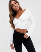 Asos Design Cross Over Bardot Top With Long Sleeve-white