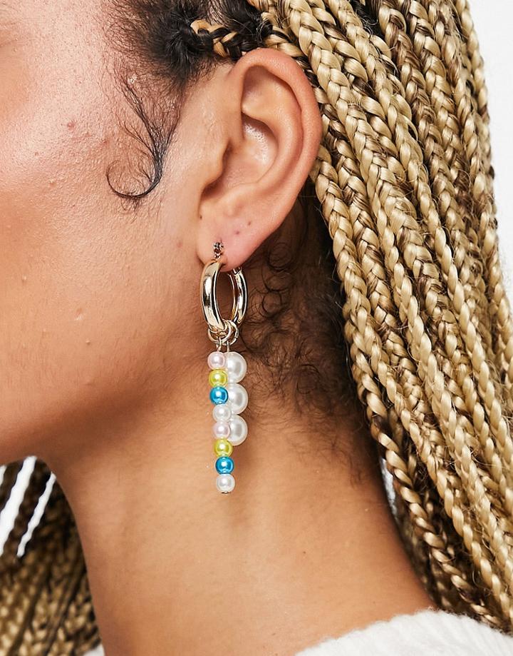 Topshop Mixed Bead Faux-pearl And Heart Mismatch Drop Hoop Earrings In White Mix-multi